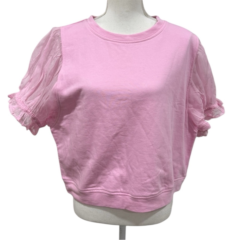 NWT THML Pink Cropped Lightweight Sweatshirt Tulle Puff Sleeve Top